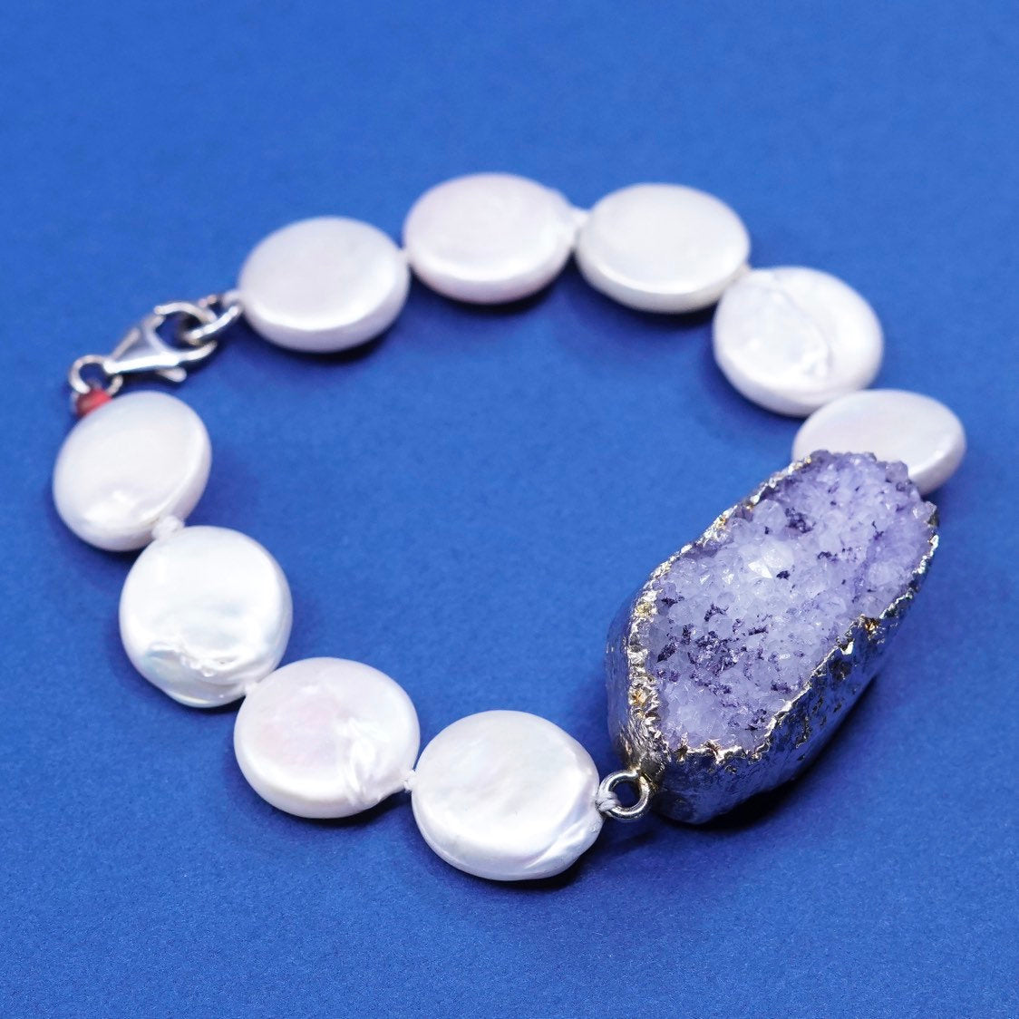 6.75", Sterling silver handmade bracelet, 925 clasp w/ pearl beads N amethyst