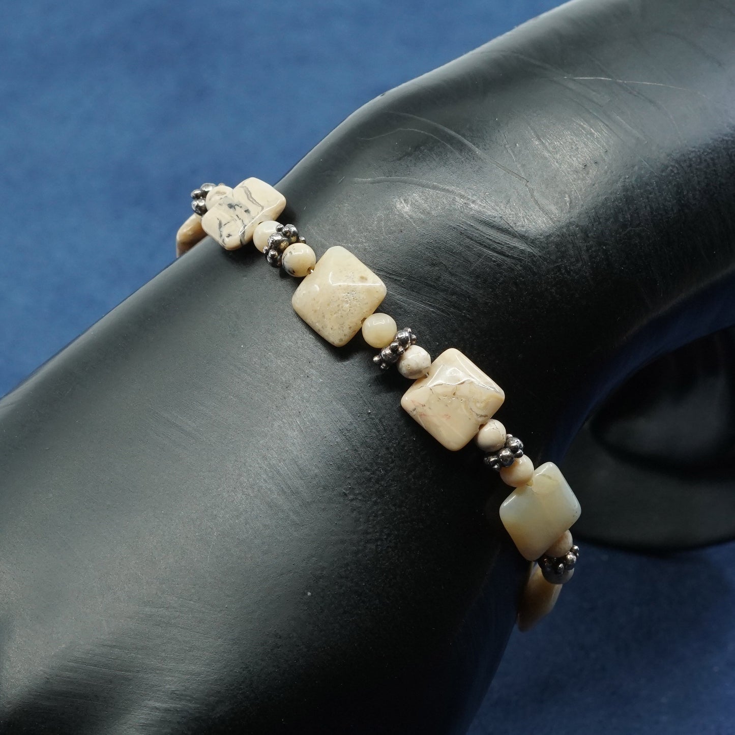 7", Sterling silver handmade heads bracelet, 925 w/ jasper beads