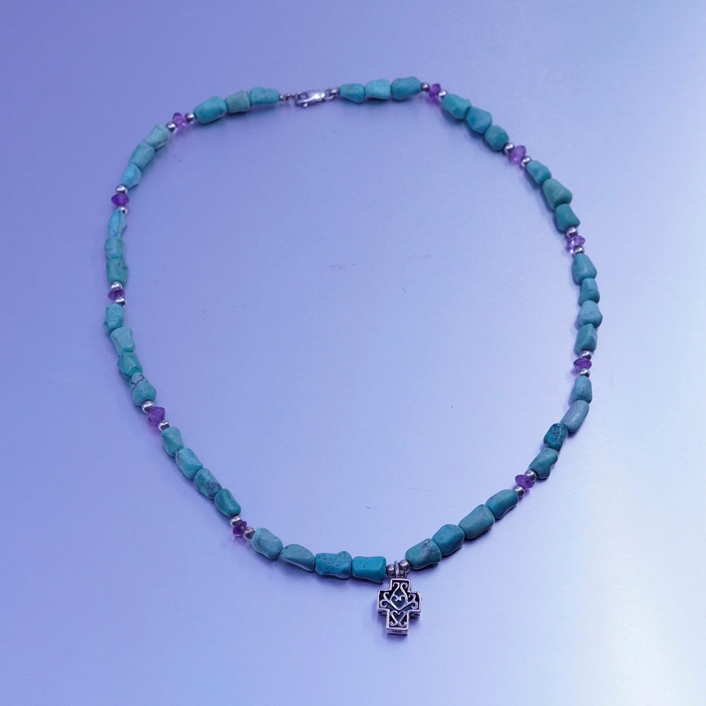 16”, Sterling 925 silver handmade necklace with nugget turquoise cross pendant