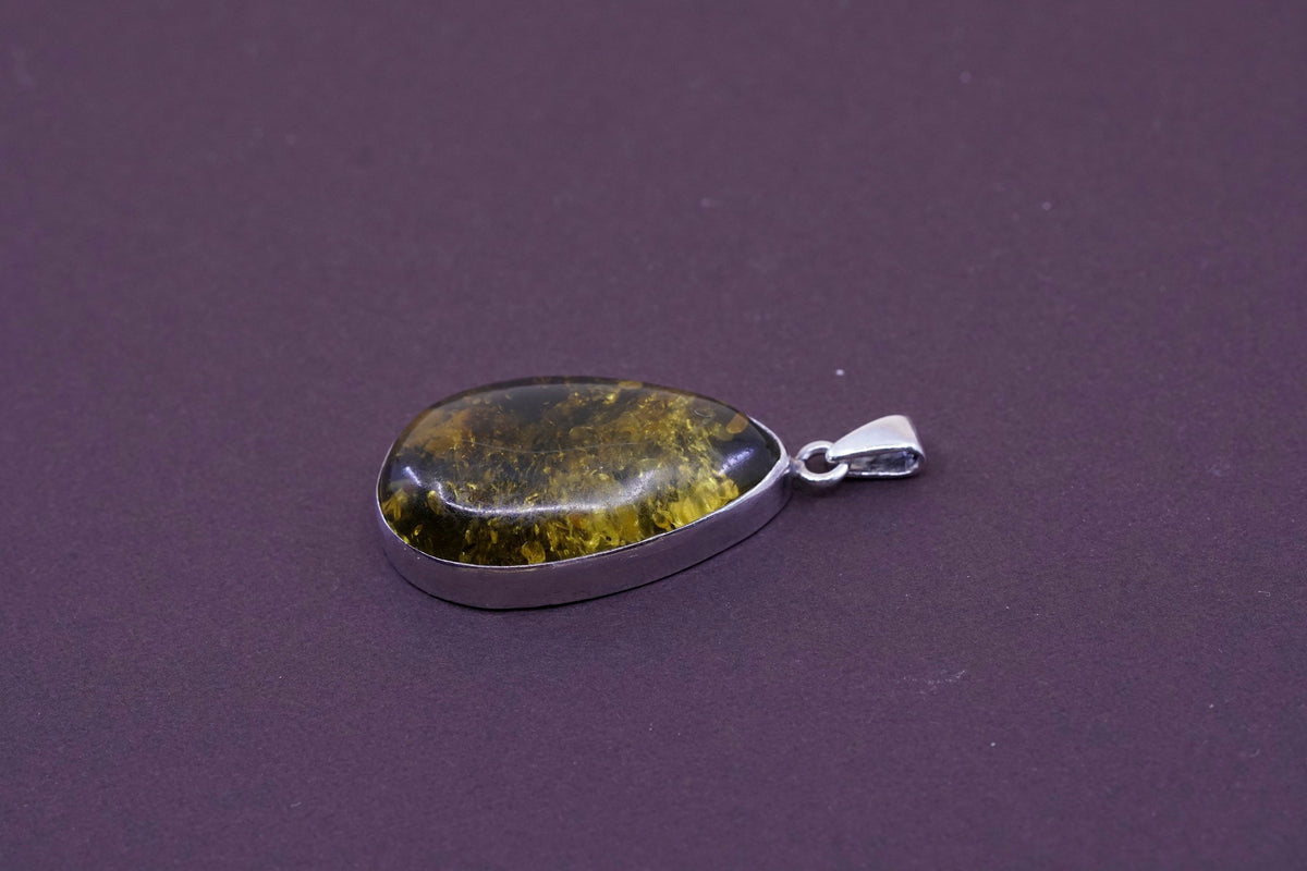 Vintage Sterling 925 silver handmade pendant with teardrop Amber pendant
