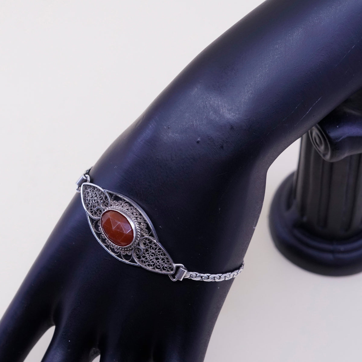 7”, Vintage Sterling silver handmade bracelet, 925 filigree with carnelian
