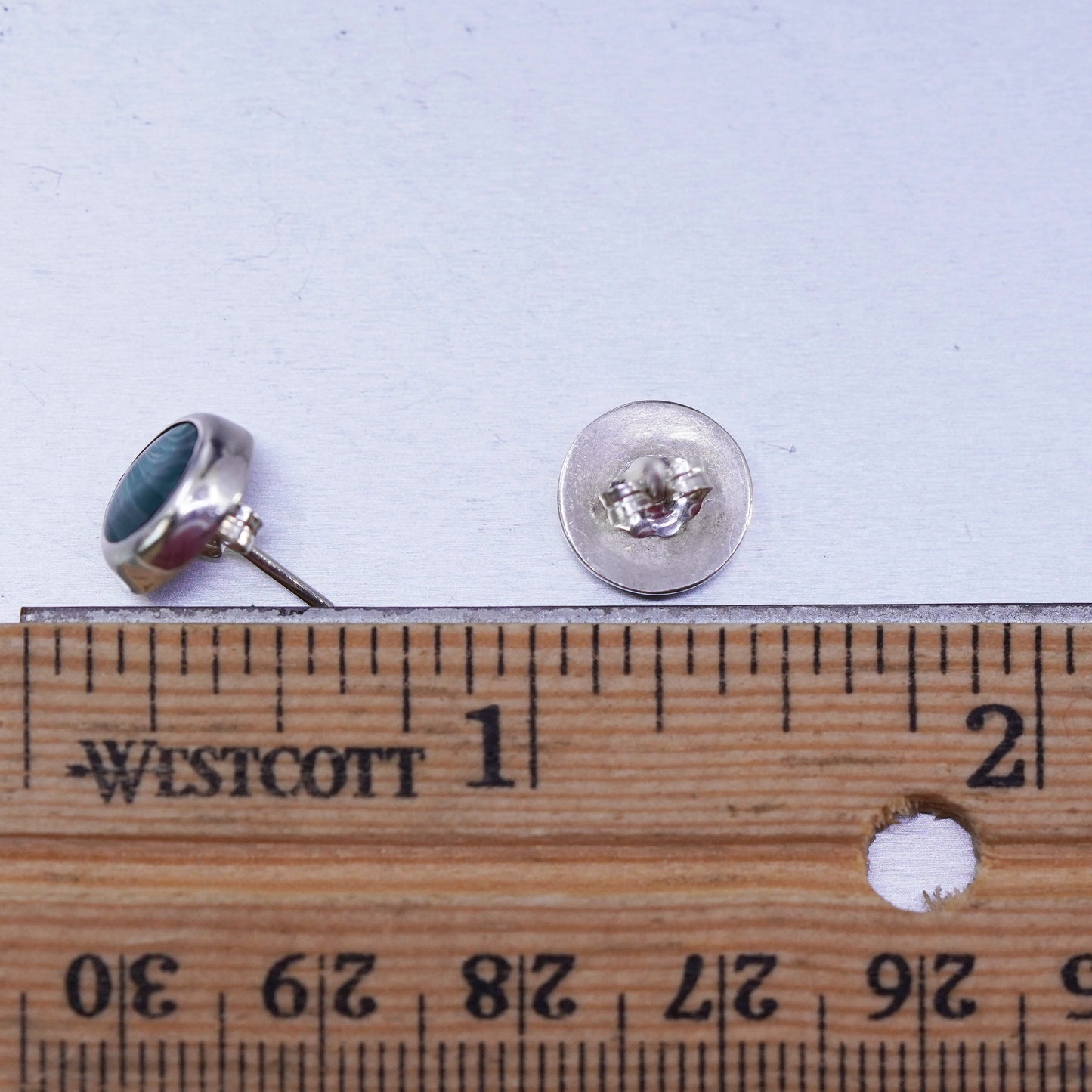 Vintage Sterling 925 silver handmade earrings, round studs with malachite