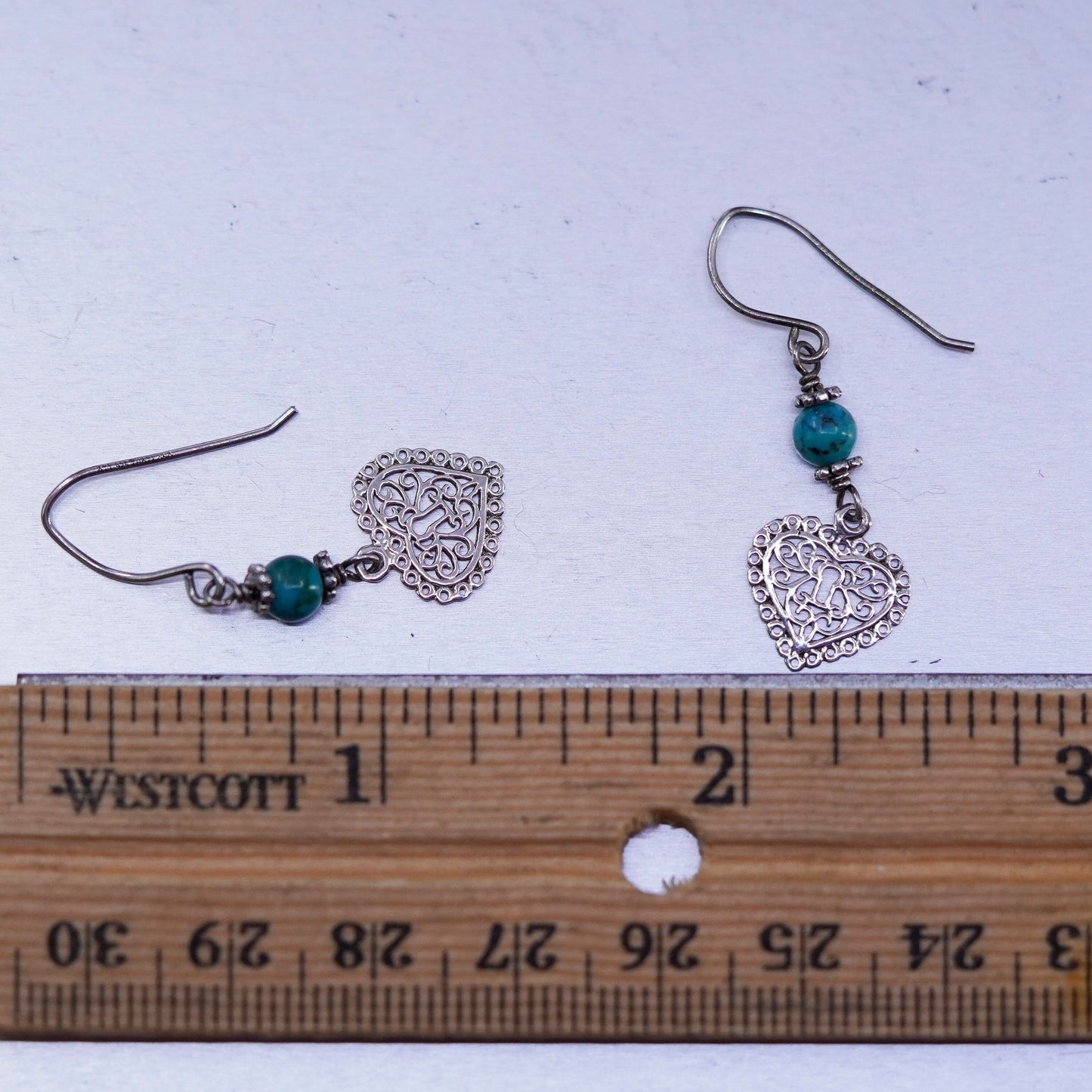 Vintage Sterling 925 silver handmade filigree heart earrings with turquoise