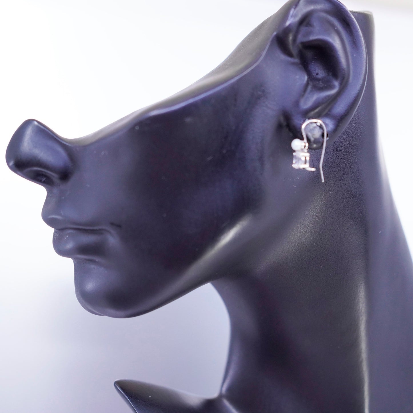 Vintage Sterling 925 silver earrings, dangle with pearl and Cz