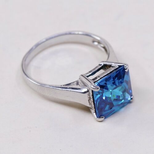 Sz 8, Sterling Silver Ring, 925 Silver Engagement Ring W/ blue Swarovski Crystal