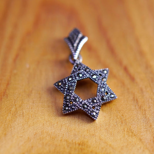 Vintage Sterling 925 silver handmade hexagram pendant with marcasite