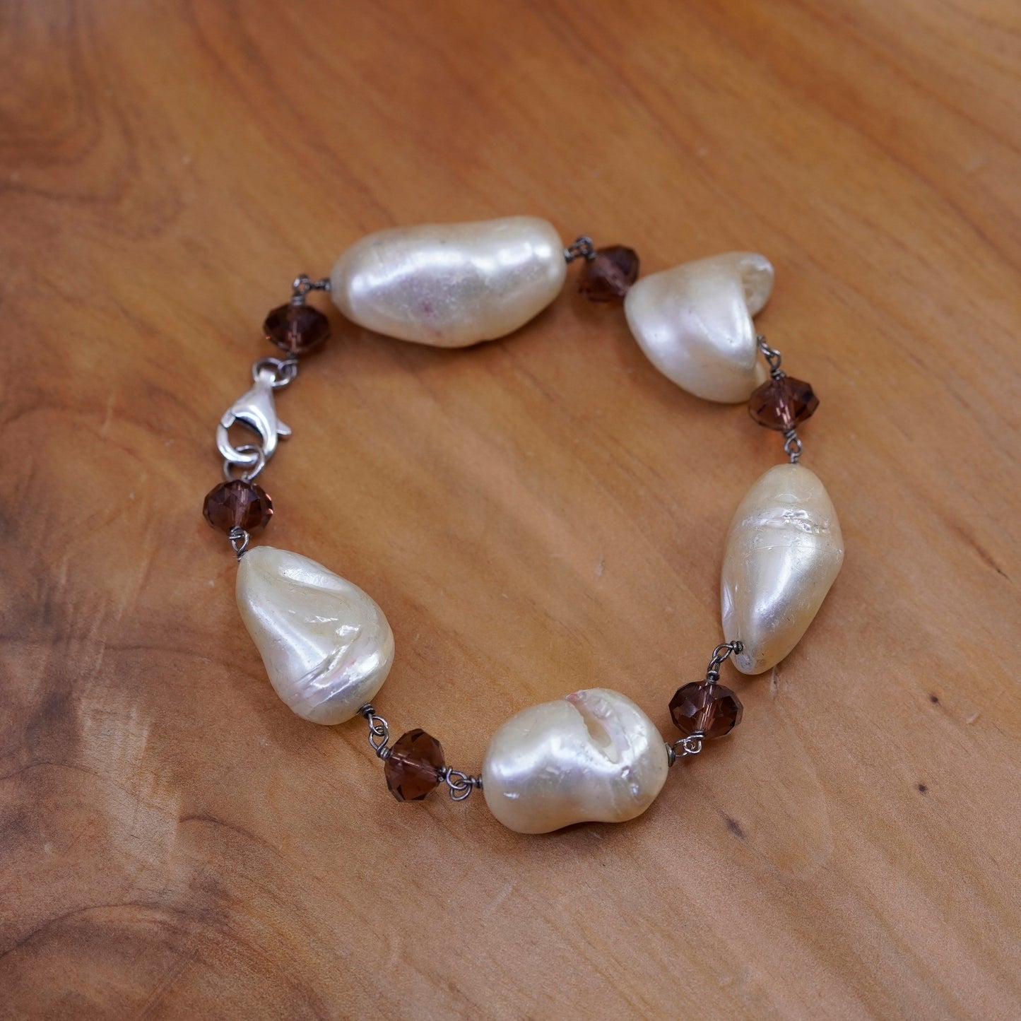 7.5”, Vintage Sterling 925 silver handmade bracelet, pearl nugget chain