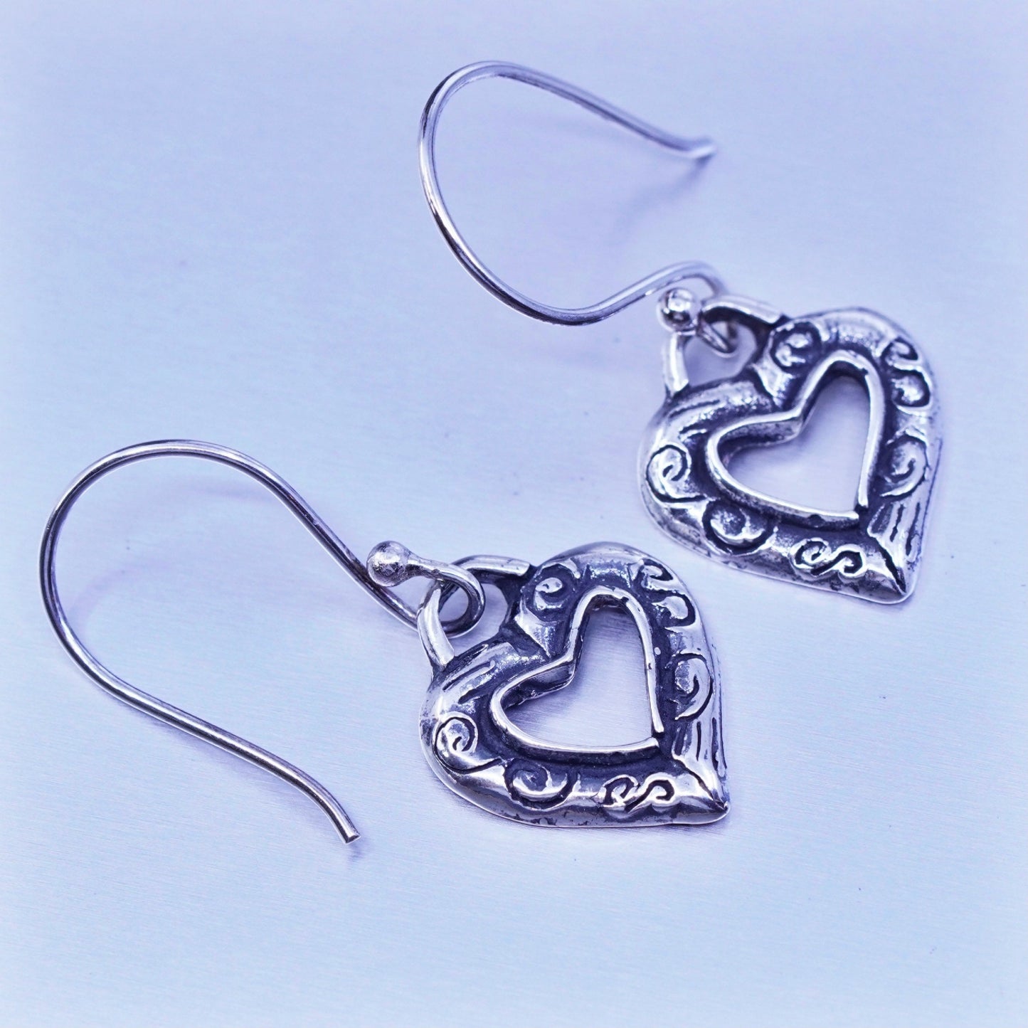 Vintage Sterling 925 silver handmade textured heart earrings