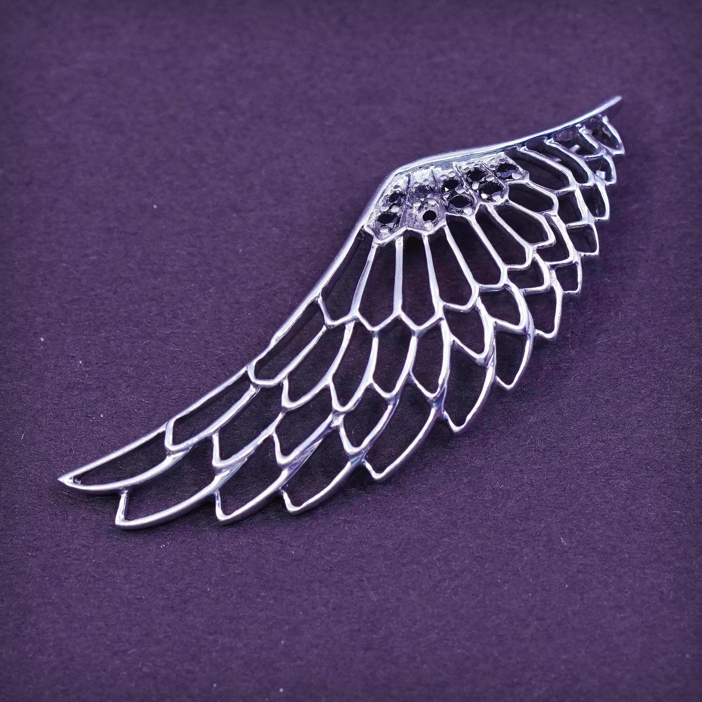 Vintage Sterling silver pendant, 925 silver wing with black diamond