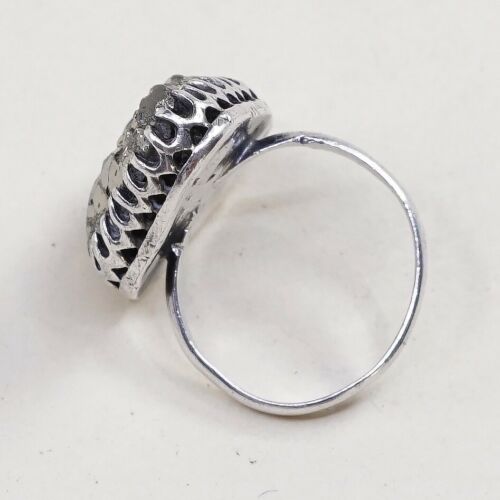 Sz 1.75, Vtg Sterling Silver Handmade Ring w/ Golden druzy quartz, Silver Tesyed