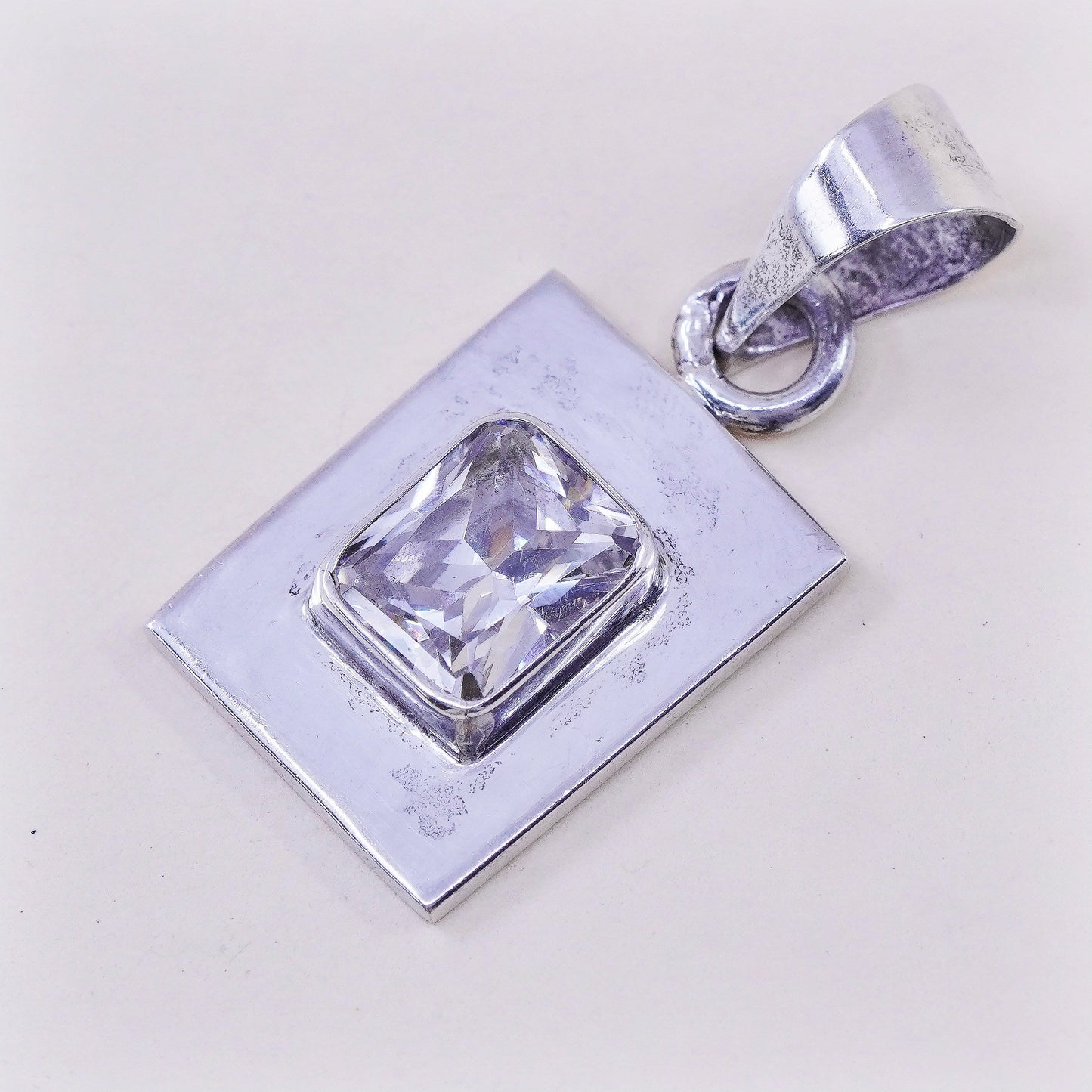 Vintage sterling 925 silver cz handmade rectangular pendant