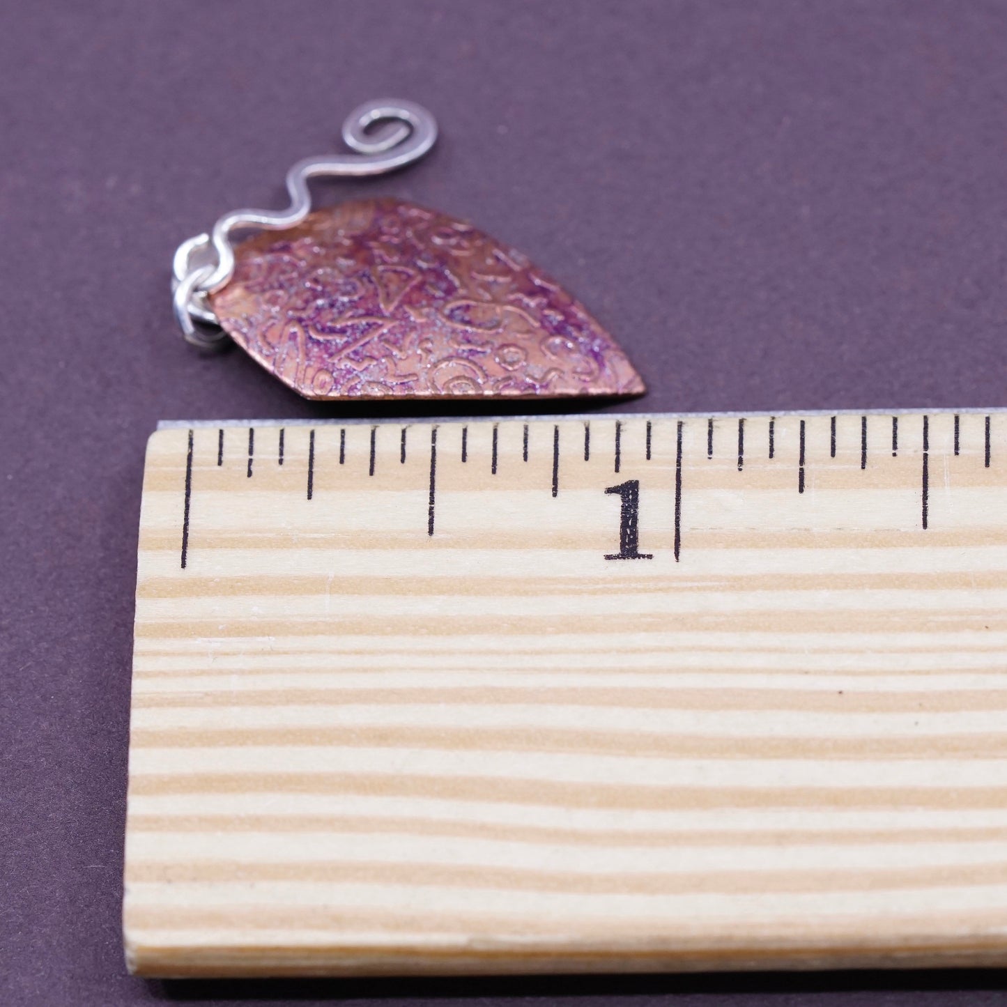 Vintage handmade textured copper tag with sterling 925 silver tornado