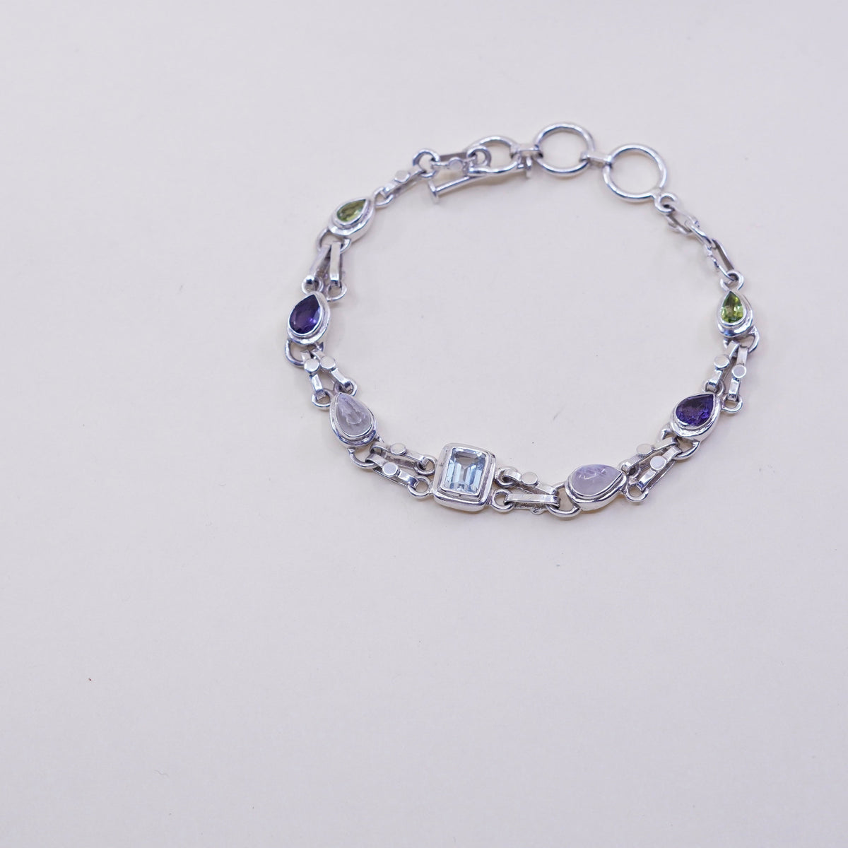 7.25+1”, Sterling 925 silver handmade bracelet with topaz peridot amethyst