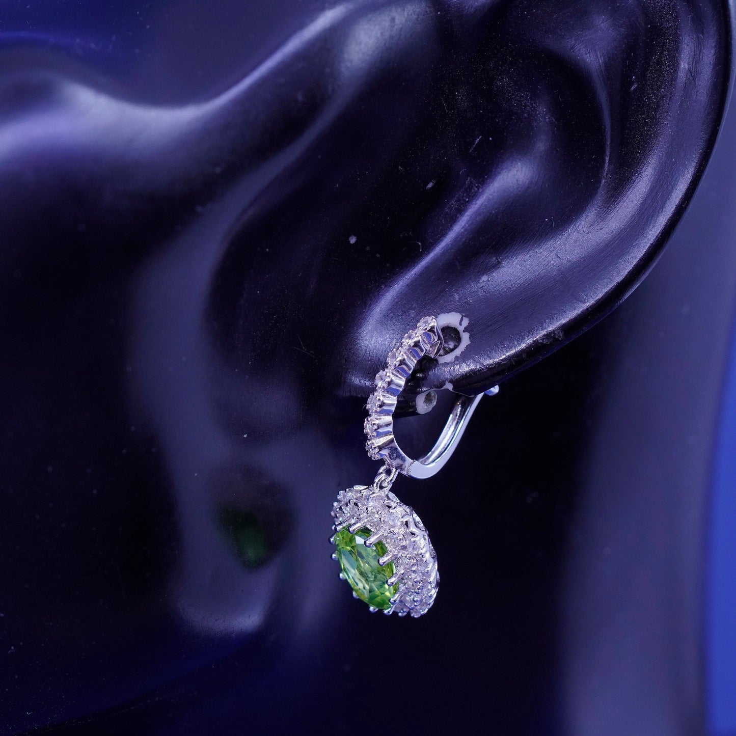 Vintage sterling 925 silver handmade huggie earrings with peridot and cz around