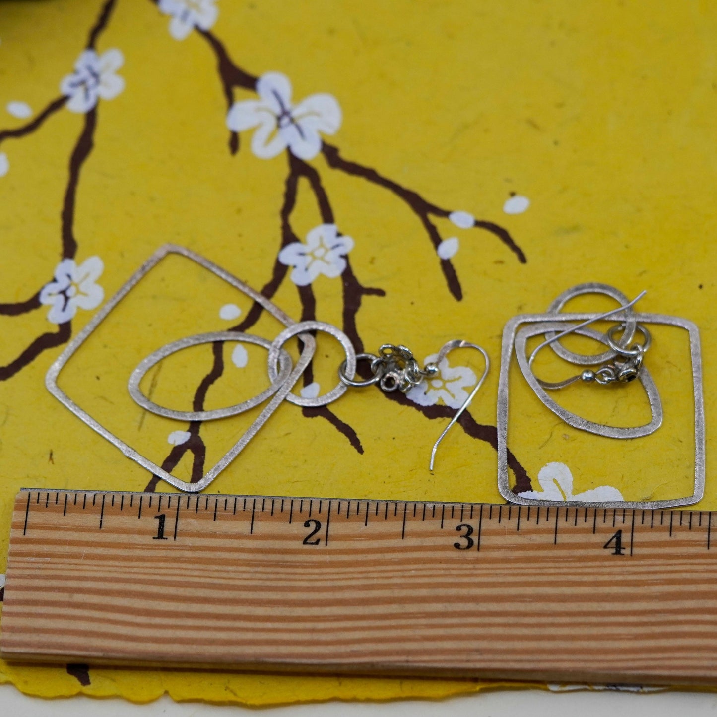 Vintage Sterling silver handmade earrings, matte 925 multi square dangle