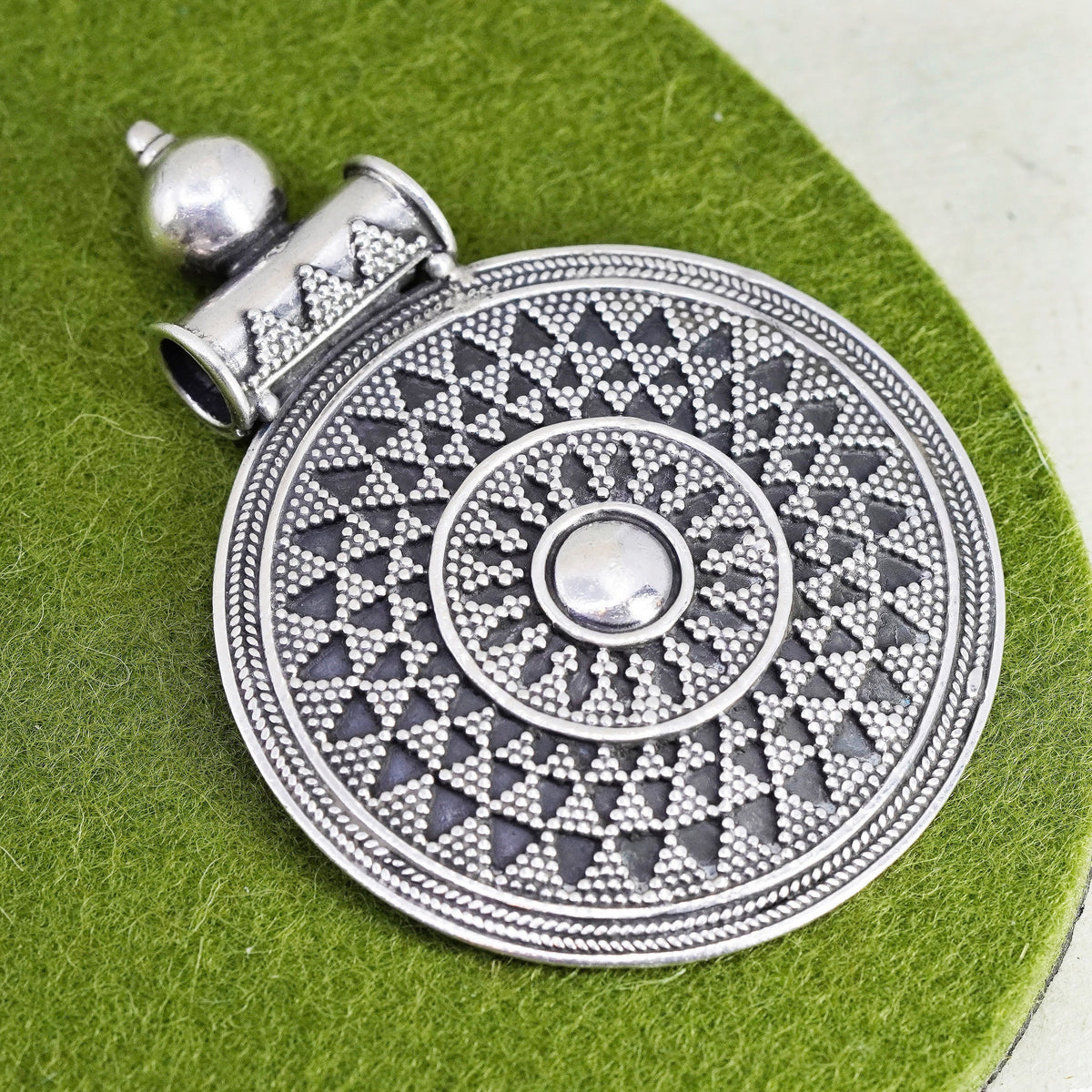 Vintage sterling silver handmade pendant, huge 925 Bali circle