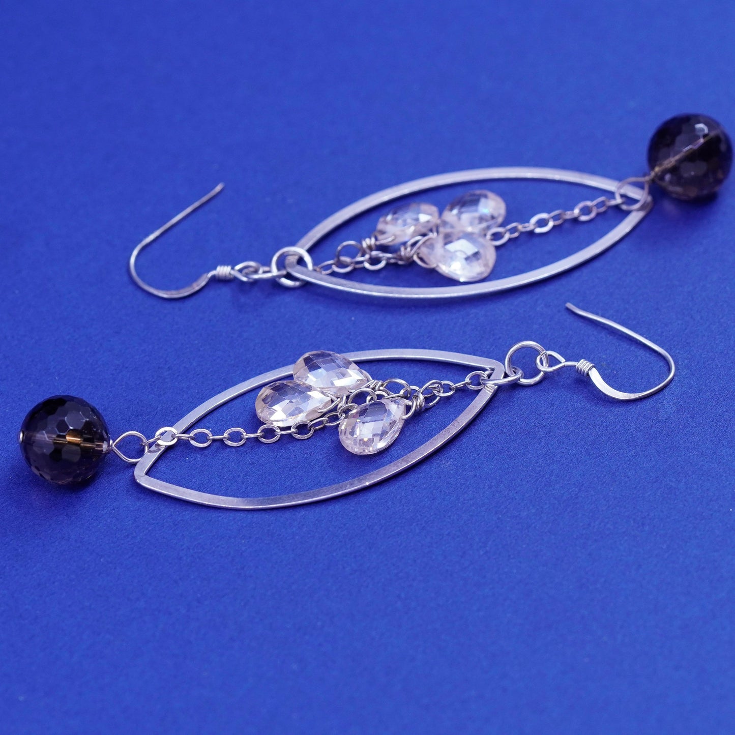 Vintage Sterling Silver long Earrings. 925 long Marquise shaped dangle crystal
