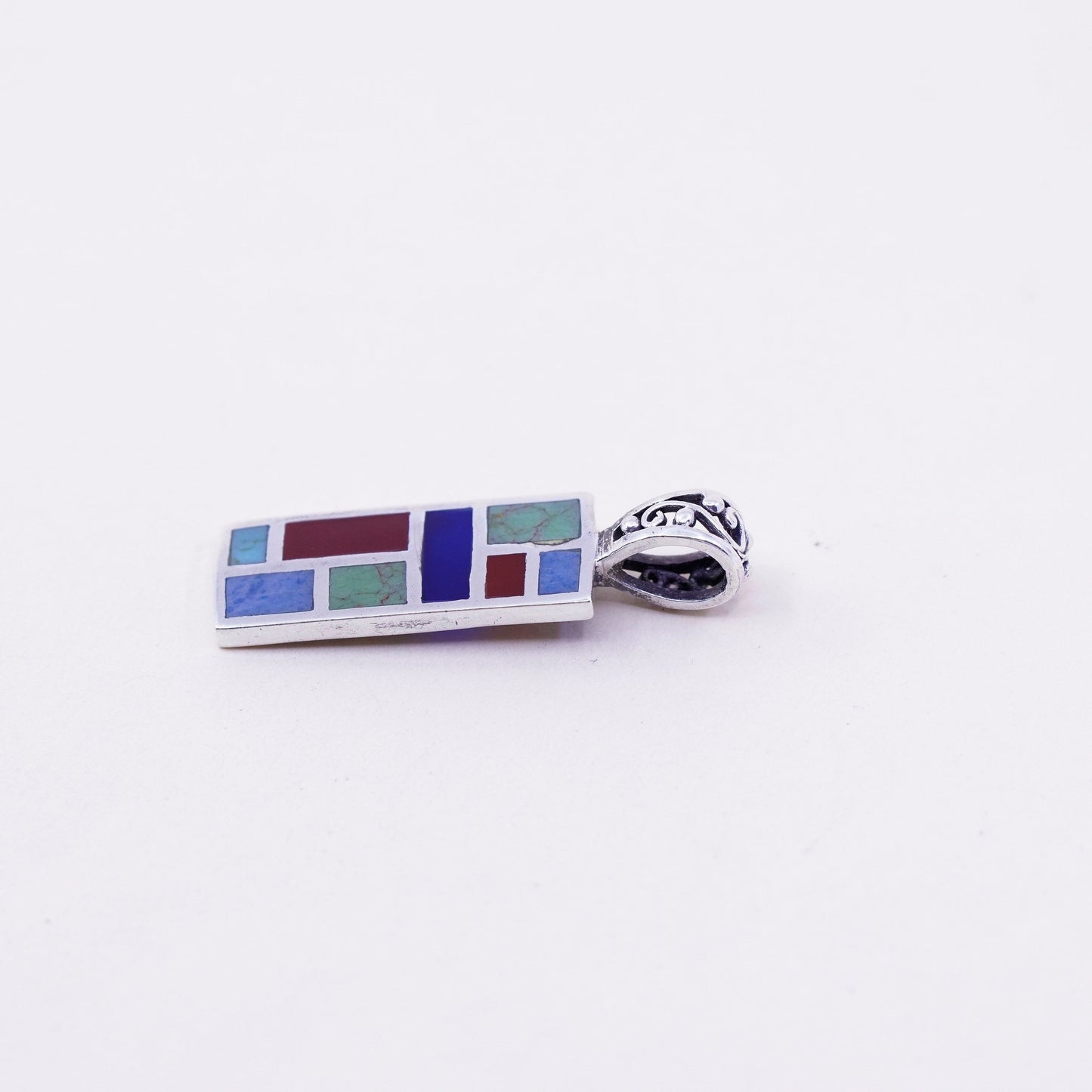 Vintage sterling 925 silver handmade rectangular pendant w/ red onyx turquoise