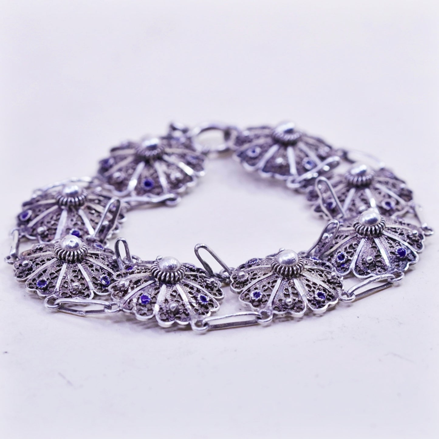 7.25”, vintage sterling silver handmade bracelet, filigree floral link chain