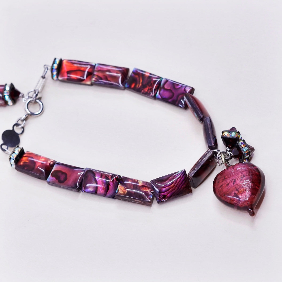 7”, sterling 925 silver handmade bracelet w/ red abalone beads N heart charm
