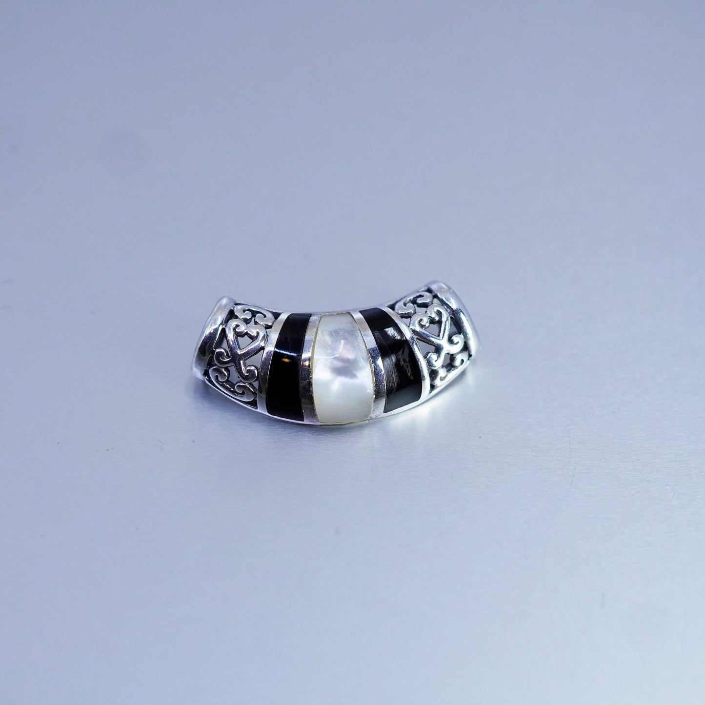 Vintage sterling 925 silver handmade Bali slide pendant w/ mother of pearl onyx