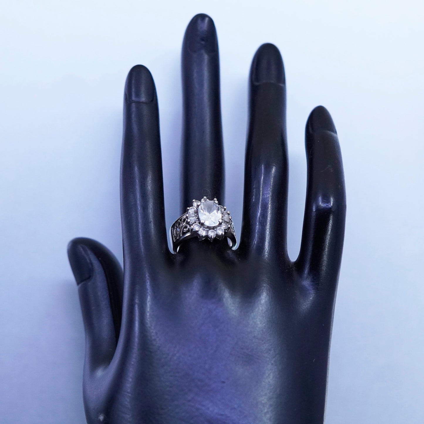 Size 6, vintage Sterling 925 silver handmade engagement ring with cluster Cz