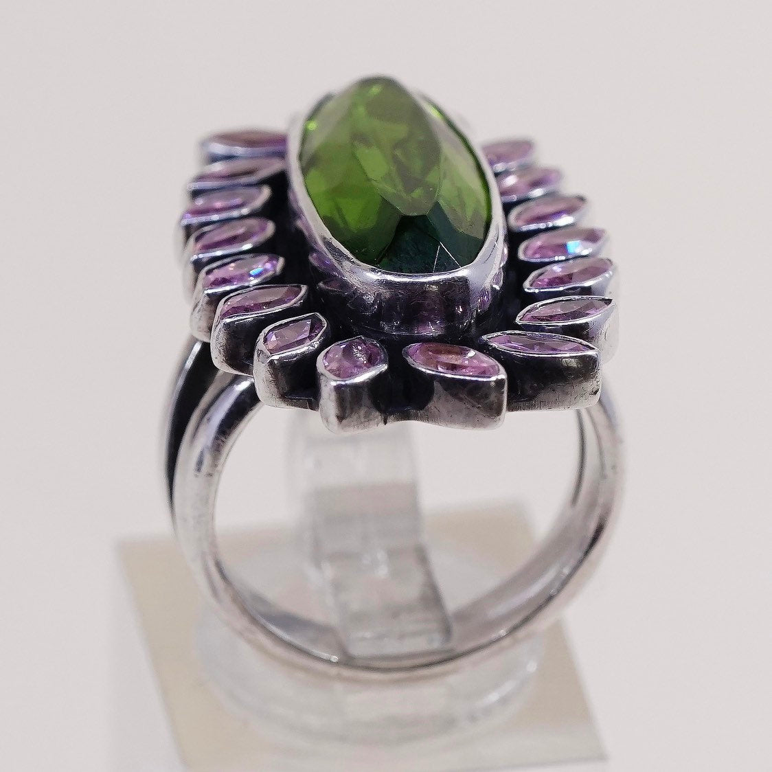sz 6.25, sterling 925 silver handmade statement ring, peridot n pink crystal