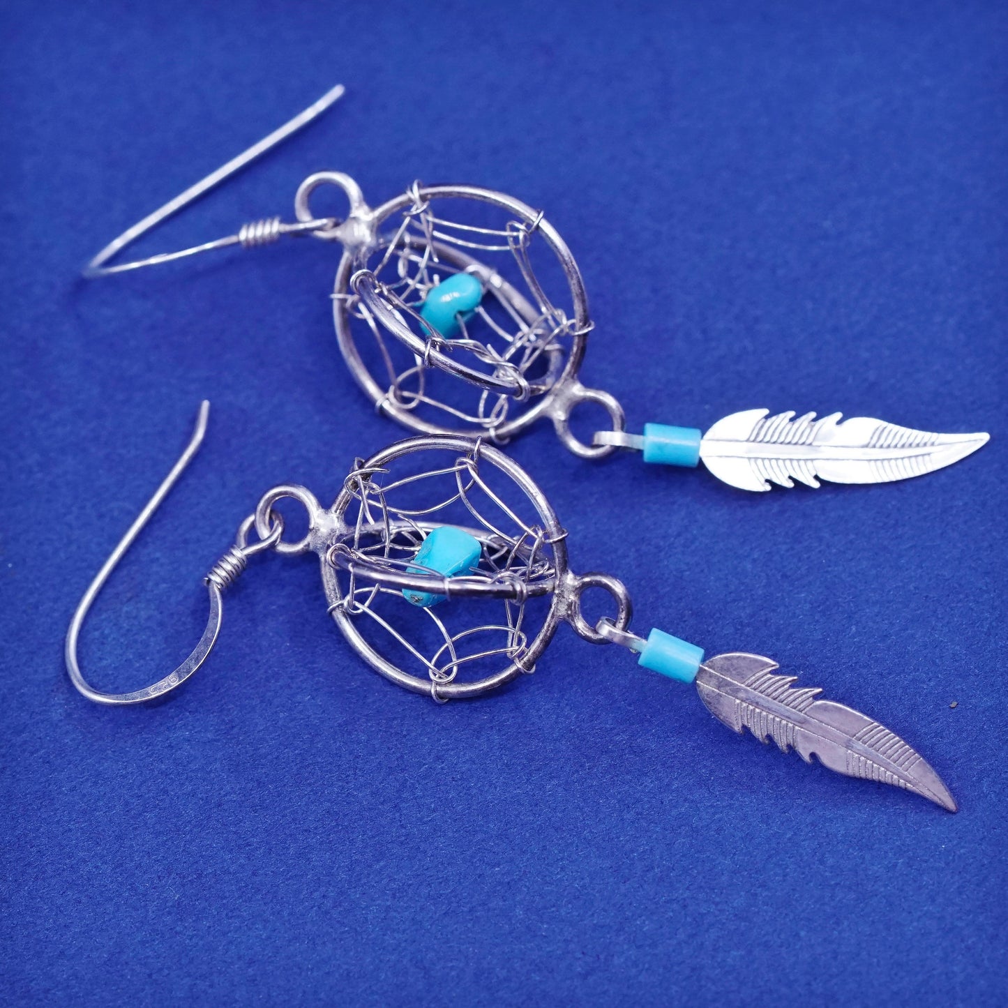 sterling silver earrings, 925 netted circle with turquoise and feather dangles