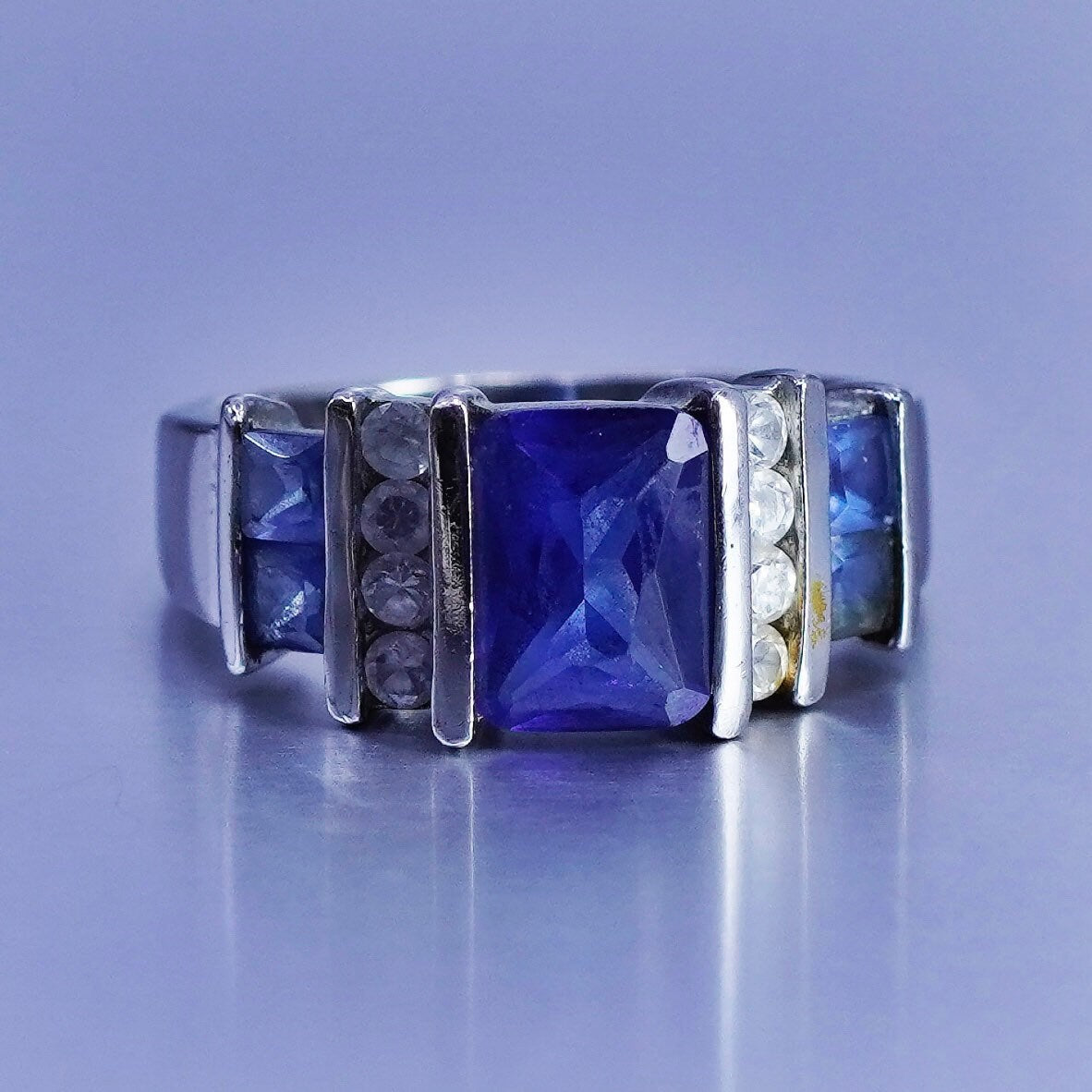 Size 7.5, vintage Sterling 925 silver handmade statement ring with blue crystal