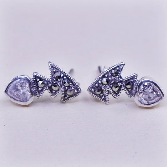 Vintage sterling 925 silver genuine cz studs, minimalist earrings and marcasite