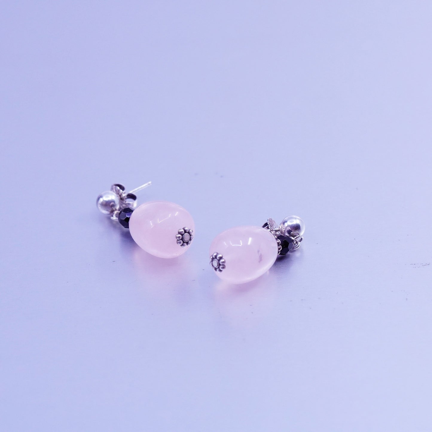 Vintage Sterling 925 silver handmade earrings with pink rose quartz