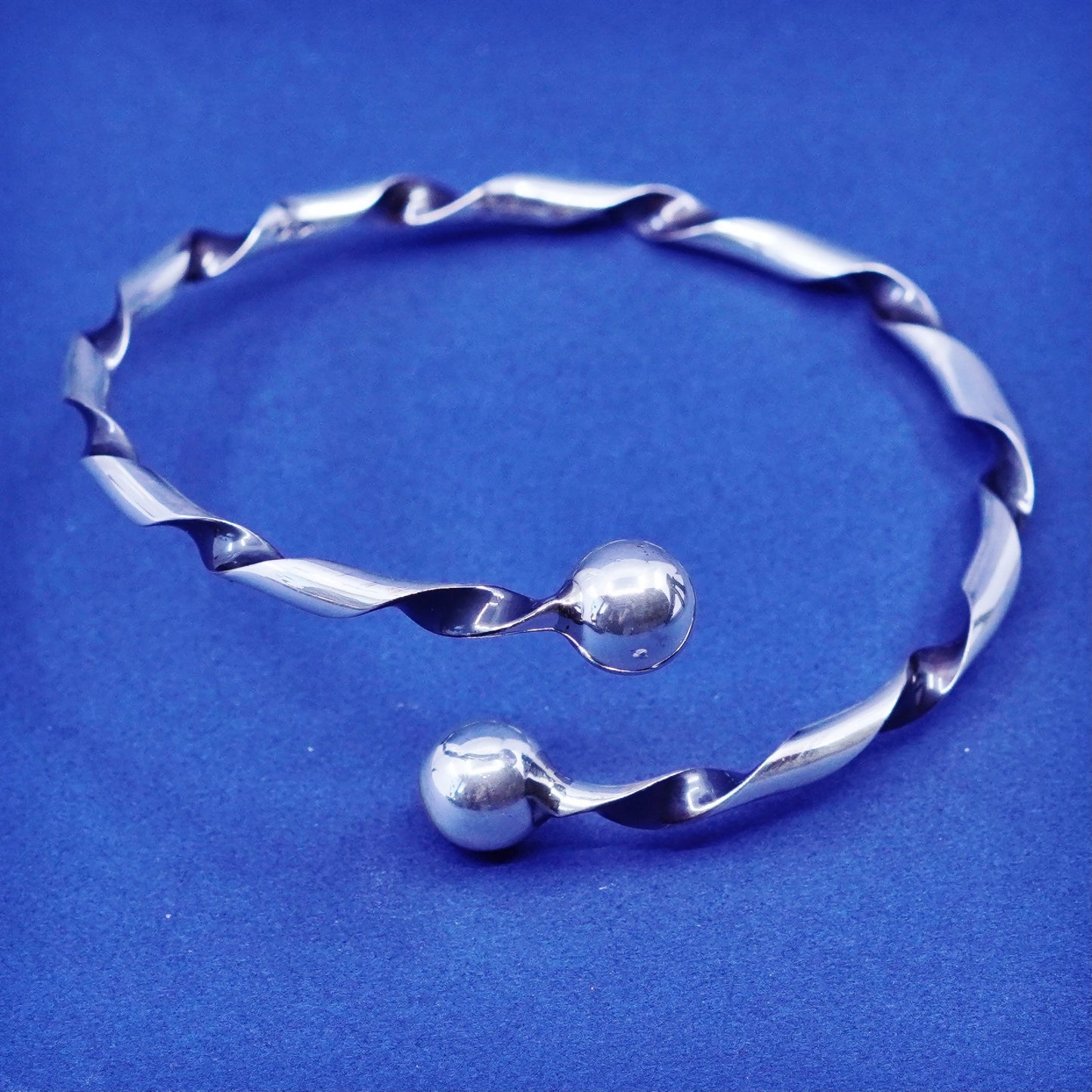 7.5”, sterling silver bracelet, 925 twisted cable wrap cuff with beads end