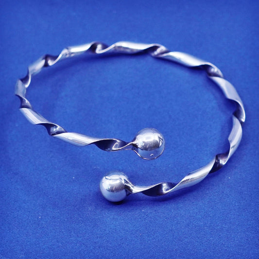 7.5”, sterling silver bracelet, 925 twisted cable wrap cuff with beads end