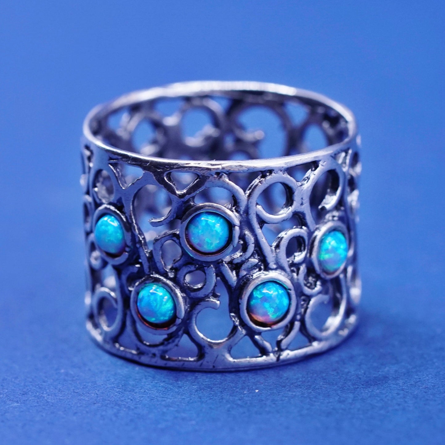 Size 8, vtg Israel sterling silver ring, handmade 925 filigree band w/ opal
