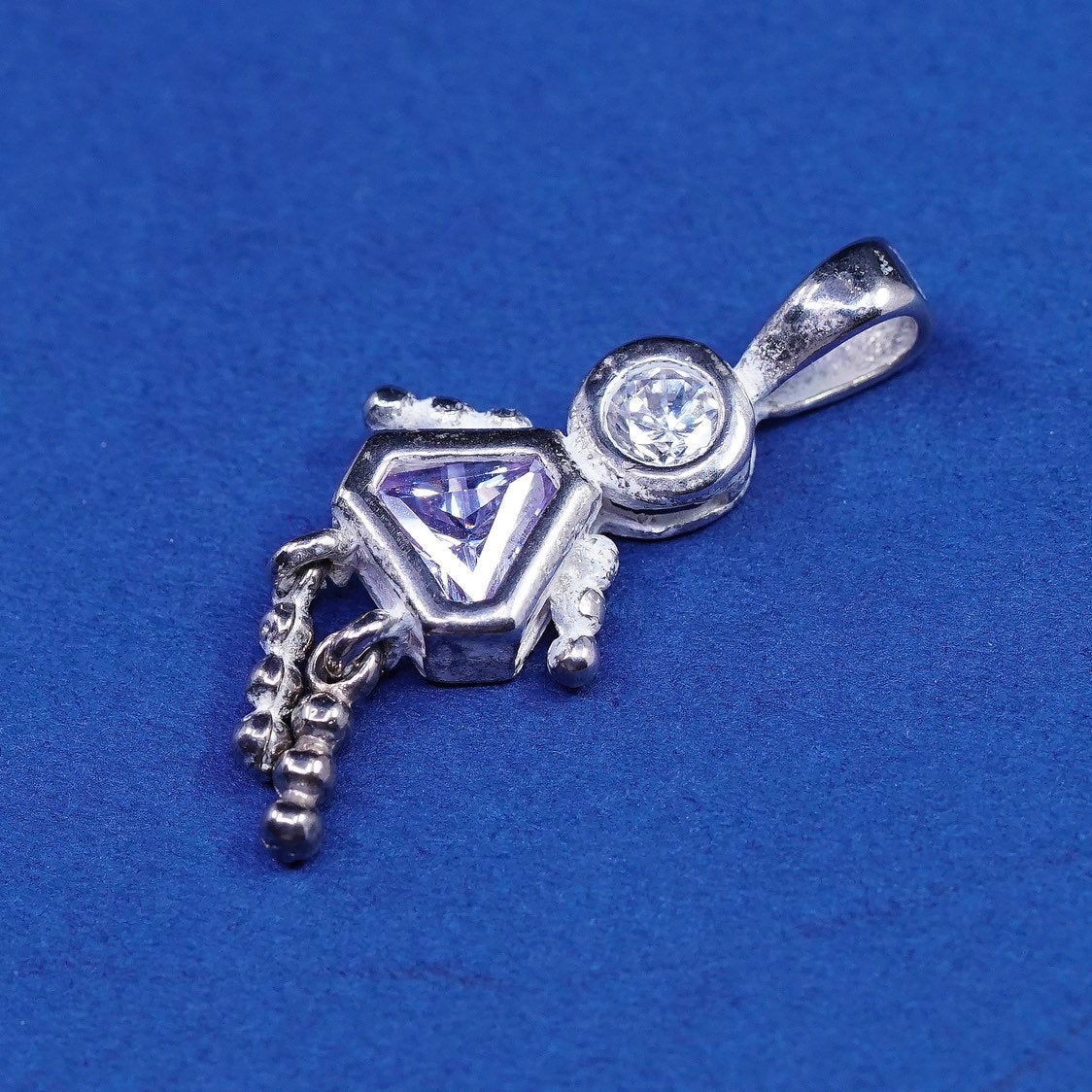 vtg Sterling silver handmade birthstone pendant, 925 girl figure w/ amethyst