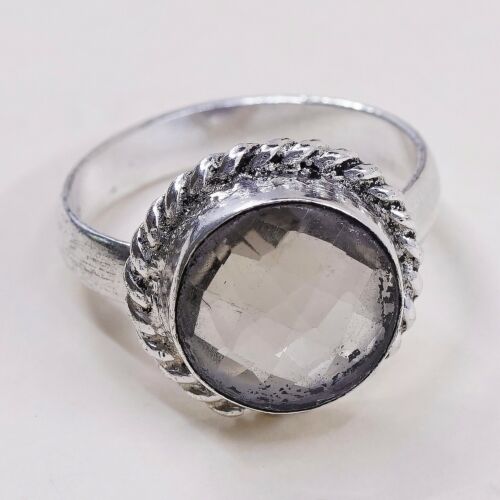 Sz 8.5, Sterling Silver Ring, 925 Silver Engagement Ring W/ Smoky Crystal