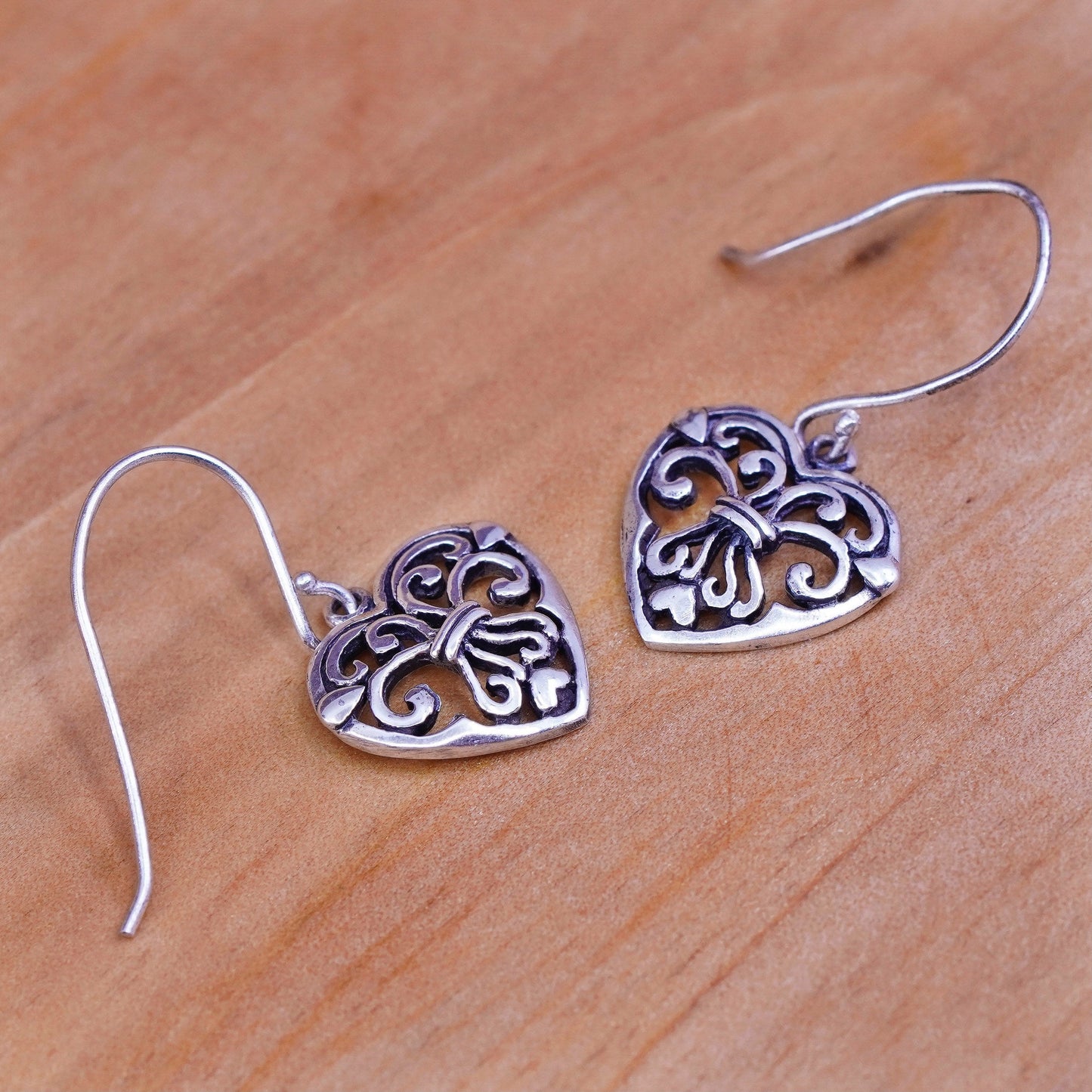 Vintage Sterling silver handmade earrings, 925 filigree heart drops