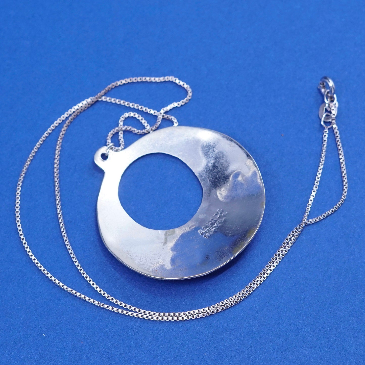 16”, Sterling silver handmade necklace, 925 box chain w/ alpaca circle pendant