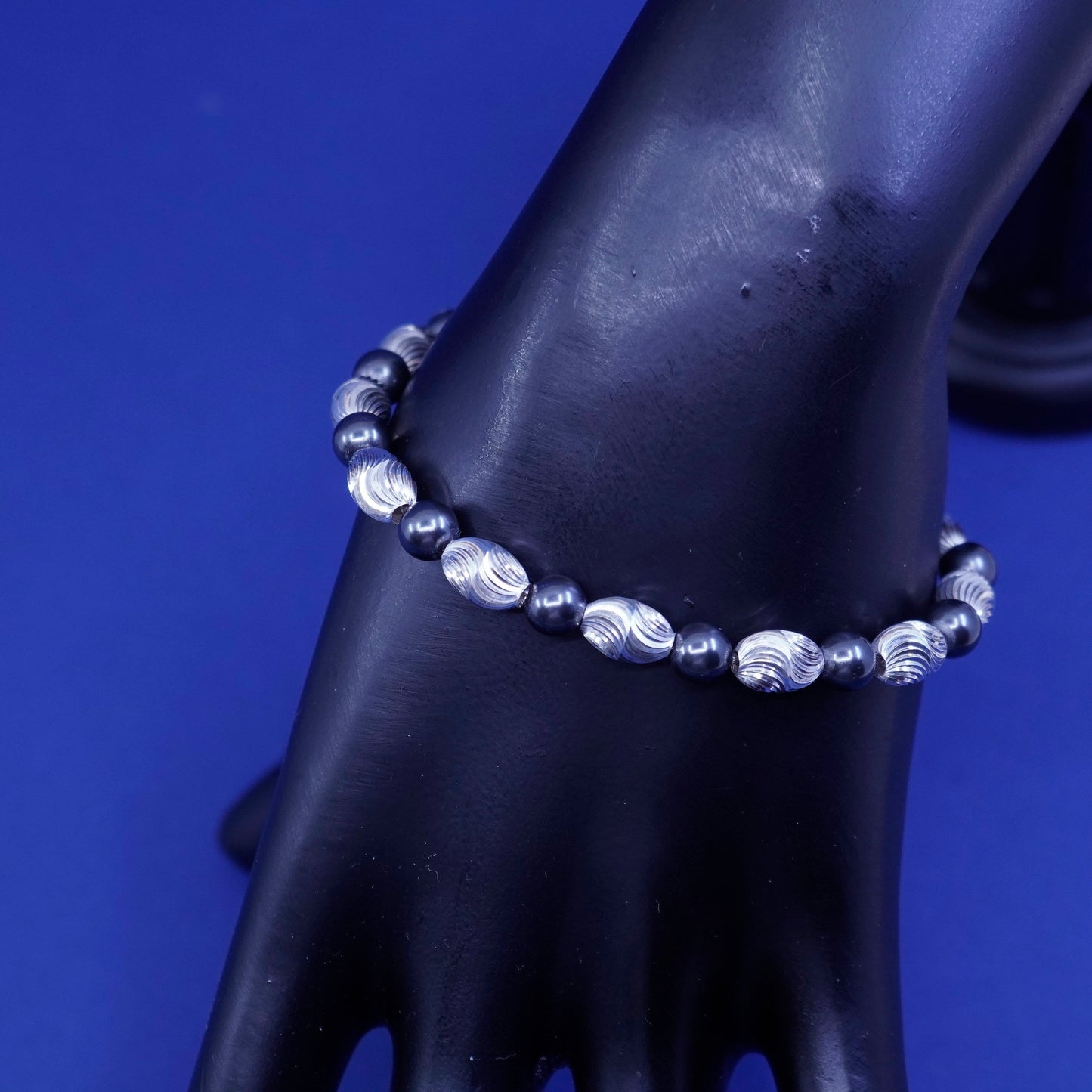 7”, vintage Sterling silver handmade bracelet, 925 swirl beads with hematite