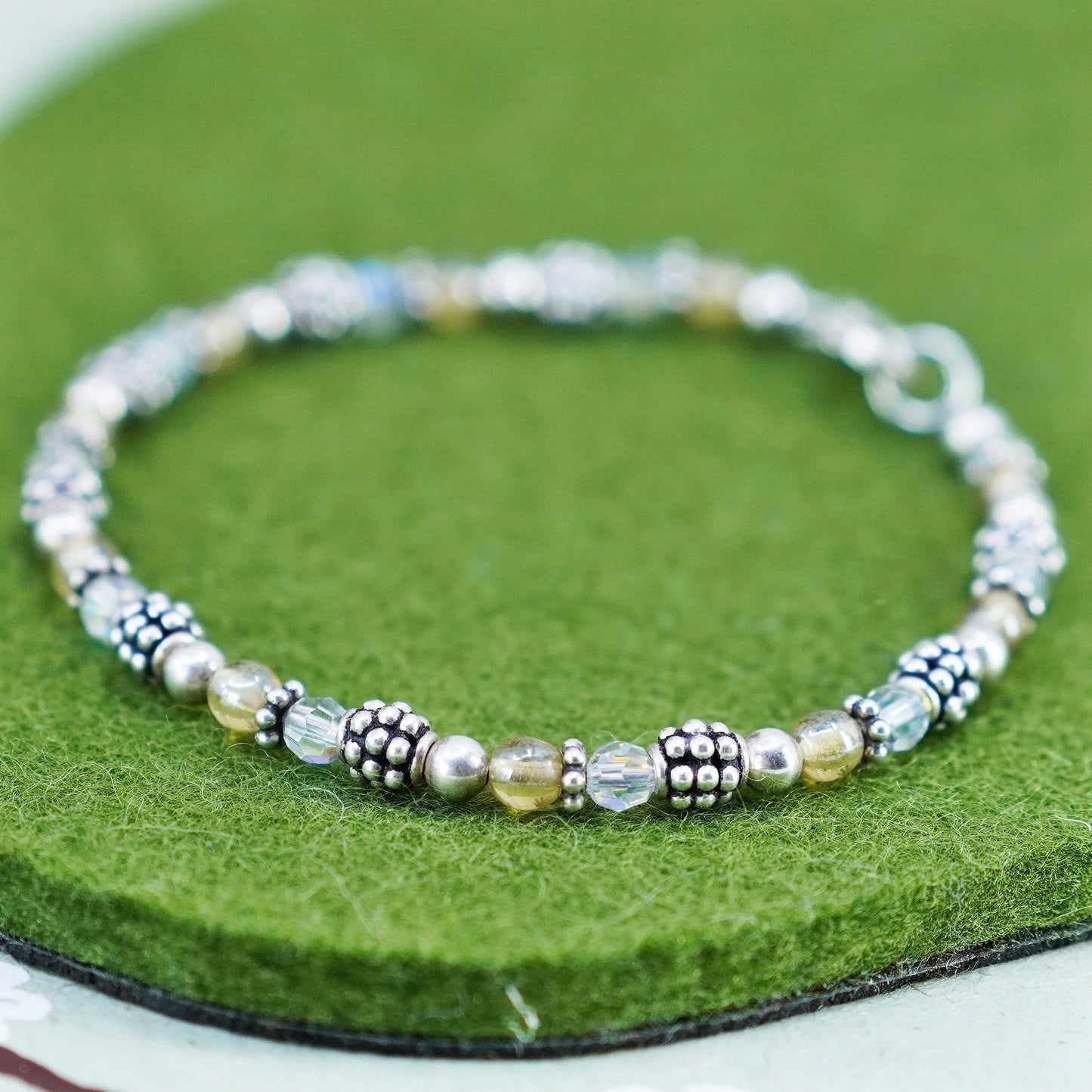 7.5” Vintage 925 Sterling silver handmade bracelet, crystal beads