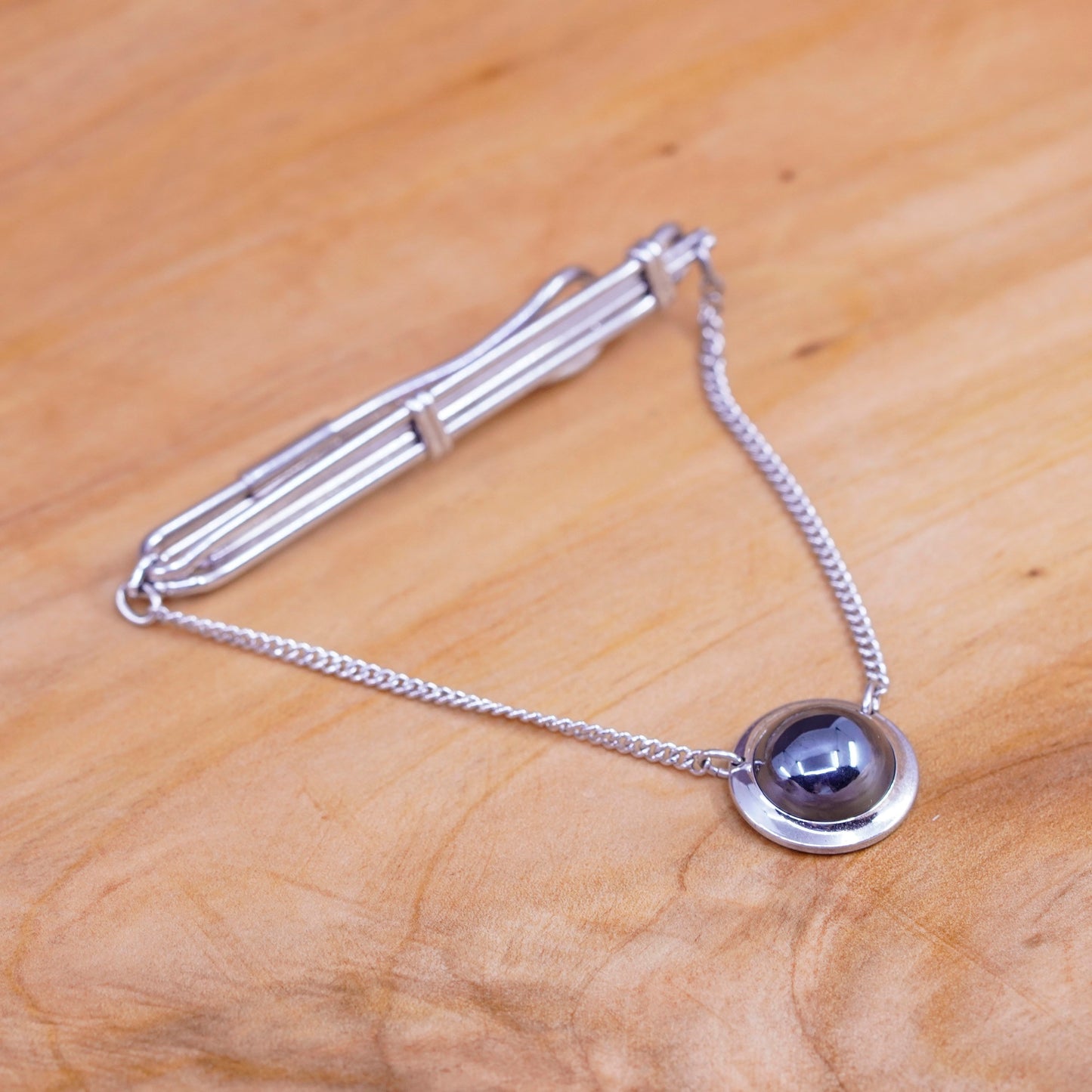 Vintage sterling silver handmade tie clip, 925 tieclip with hematite