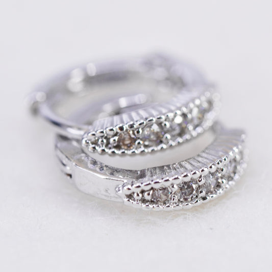 0.5”, vintage Sterling silver handmade earrings, 925 Huggie hoops with Cz