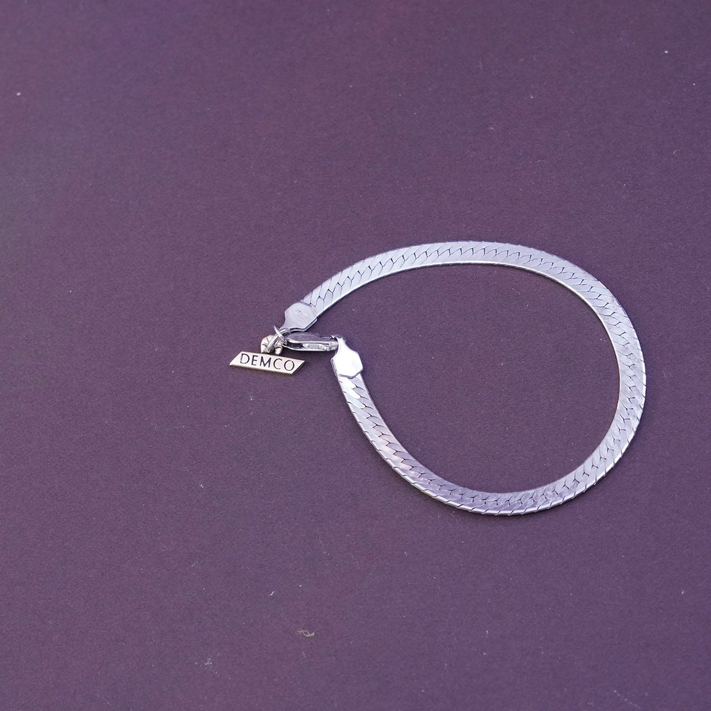 7”, Sterling silver herringbone bracelet, Italy 925 chain 10K gold Demco charm