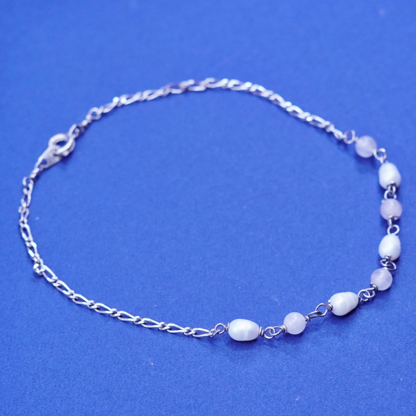 9”, Sterling silver handmade bracelet, 925 circle chain rose quart, pearl beads