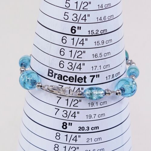 7.25”, Vtg Handmade Bracelet W/ Blue Foiled Glass N Sterling 925 Silver Clasp