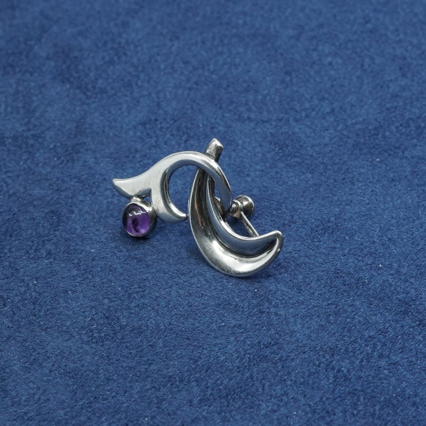 vtg JB Sterling silver screw back earrings, 925 swirl w/ amethyst bead