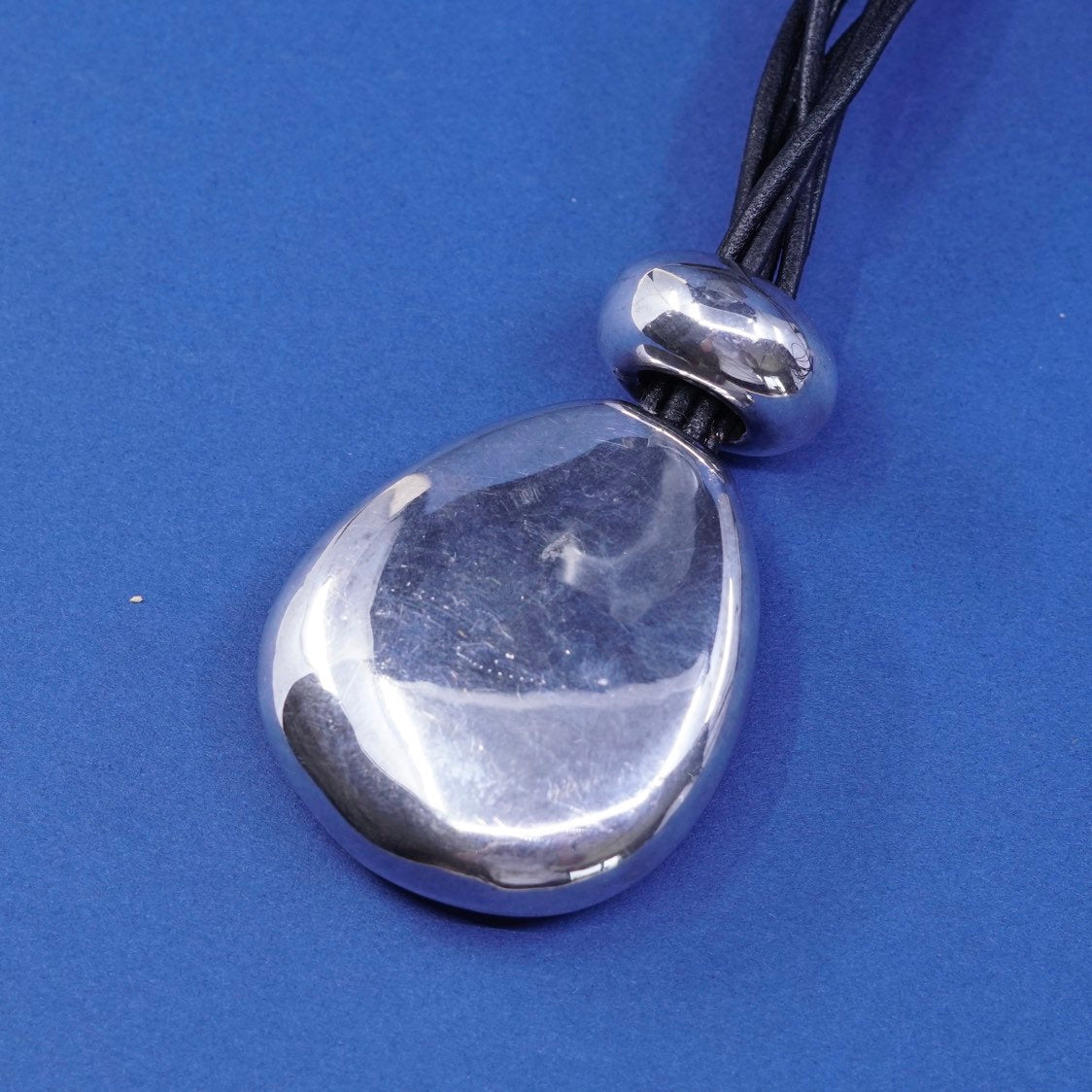 40”, vtg Sterling Silver Multi Strand black Leather Necklace Slide 925 Pendant