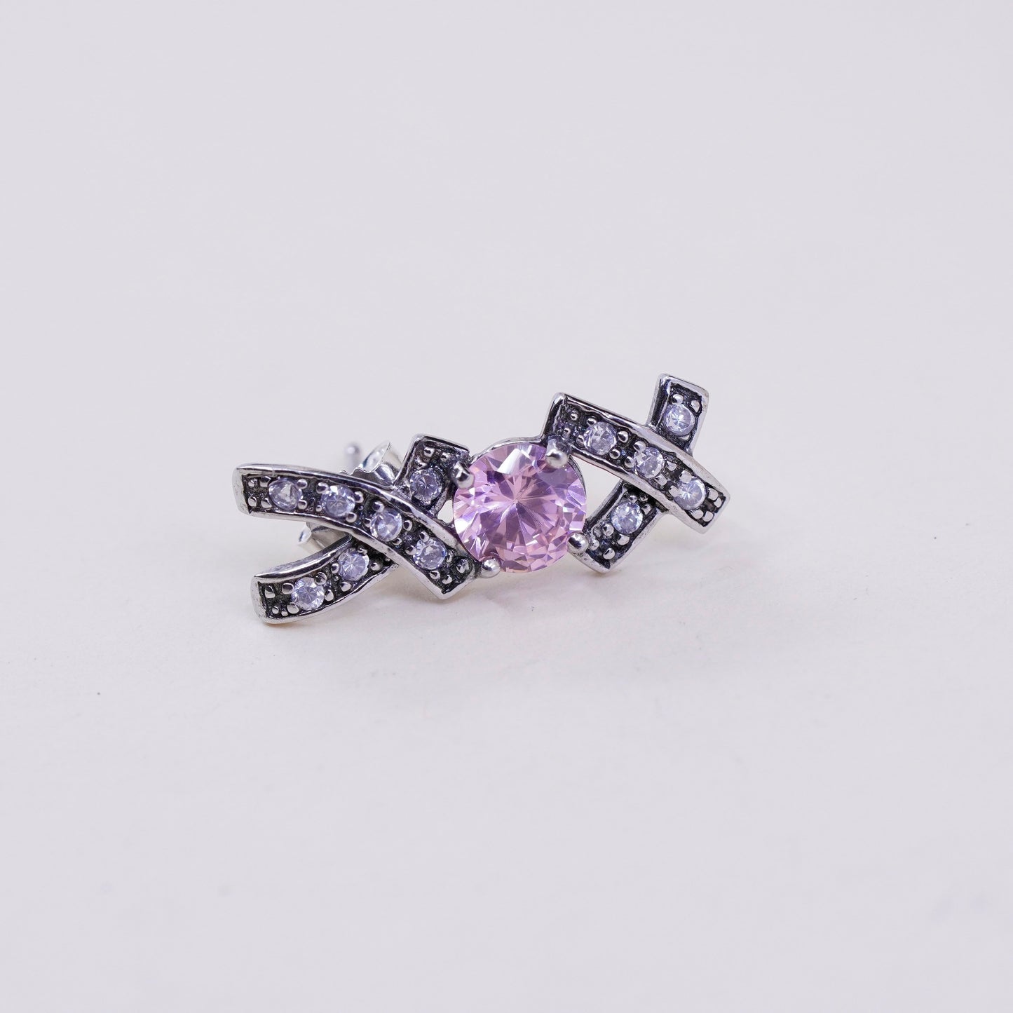 Vintage sterling silver handmade earrings, 925 XOX studs with and pink Cz