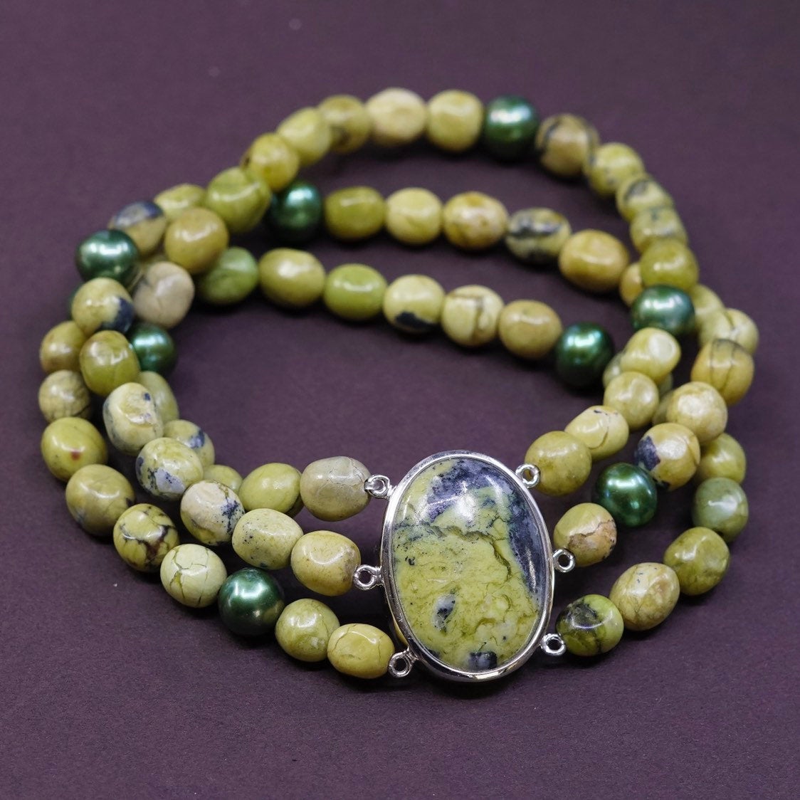 7” vtg sterling 925 silver handmade bracelet, green beads elastic band