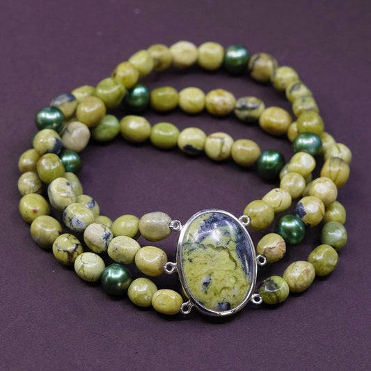 7” vtg sterling 925 silver handmade bracelet, green beads elastic band